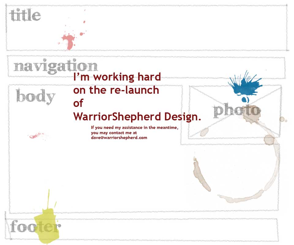 I'm working hard for the re-launch of WarriorShepherd Design.  Check back soon.  - Dave